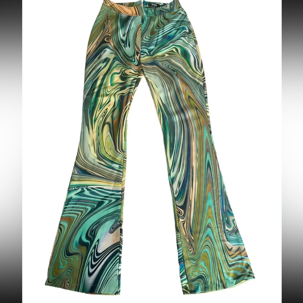 POSTER GIRL Dolls Kill High‎ Rise Hypnosis Habits Swirl Kick Flare Rave Pants XS